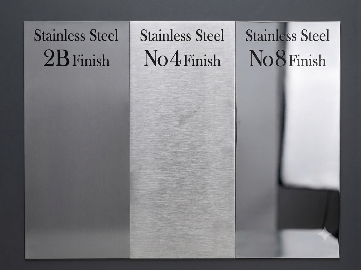 Stainless steel 2B, No. 4 and No. 8 finishes.